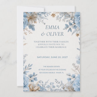 Convite de Casamento Floral Azul Poento e Creme