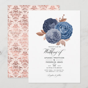 Convite de Casamento Floral Azul Poento e Dourado