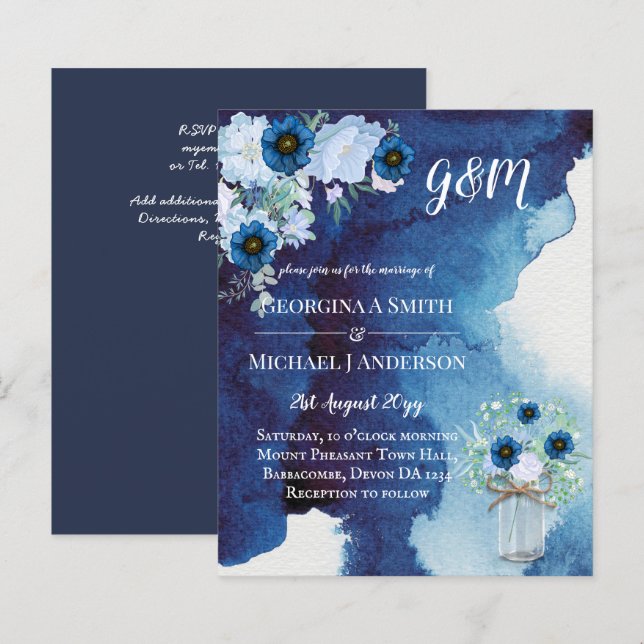 CONVITE DE CASAMENTO Floral Azul Pontado (Frente/Verso)