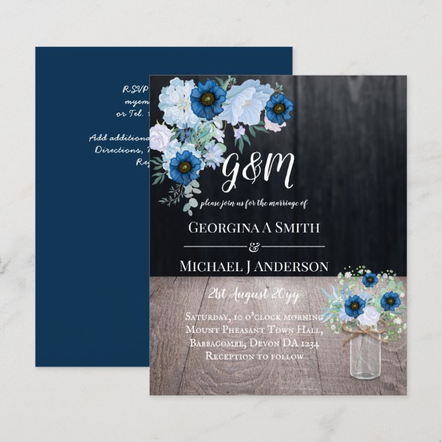 CONVITE DE CASAMENTO Floral Azul Pontado (Frente/Verso)