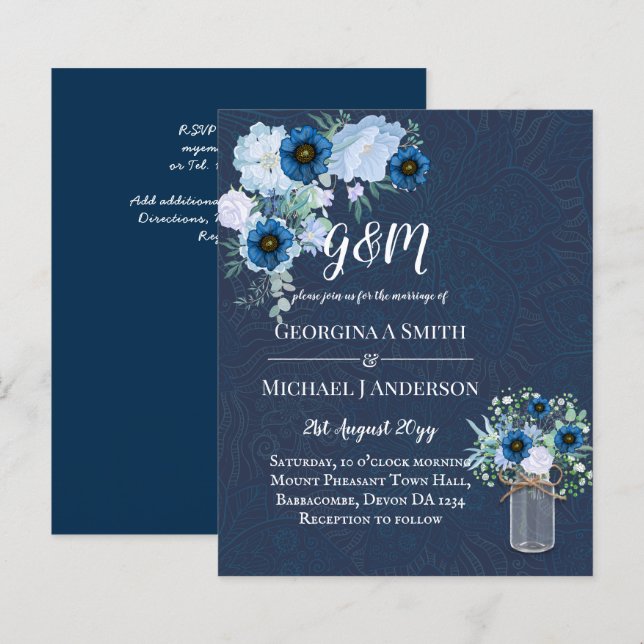 CONVITE DE CASAMENTO Floral Azul Pontado (Frente/Verso)