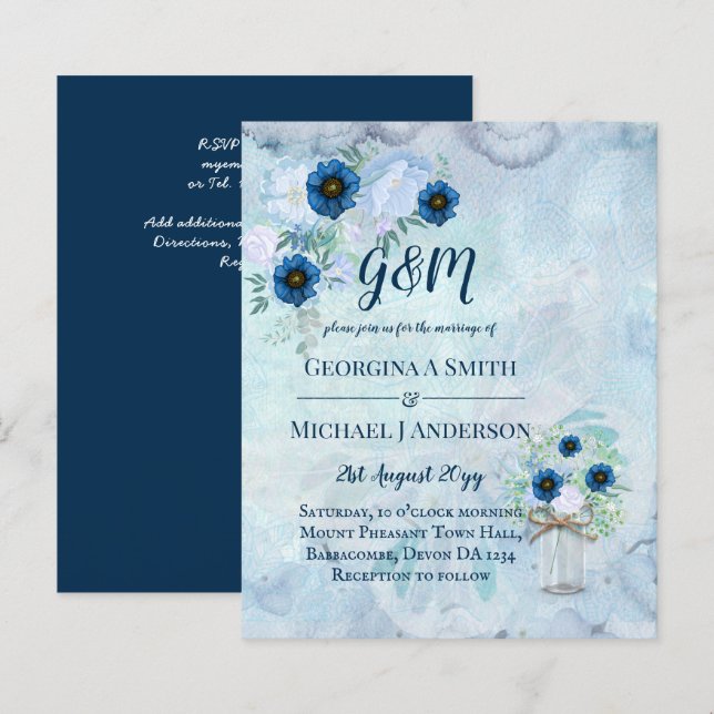 CONVITE DE CASAMENTO Floral Azul Pontado (Frente/Verso)