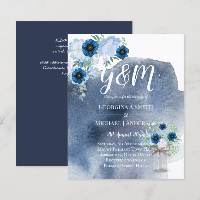 CONVITE DE CASAMENTO Floral Azul Pontado (Frente/Verso)