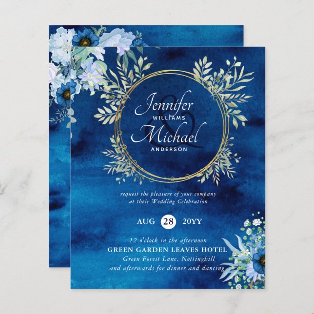 CONVITE DE CASAMENTO Floral Azul Pontado (Frente/Verso)
