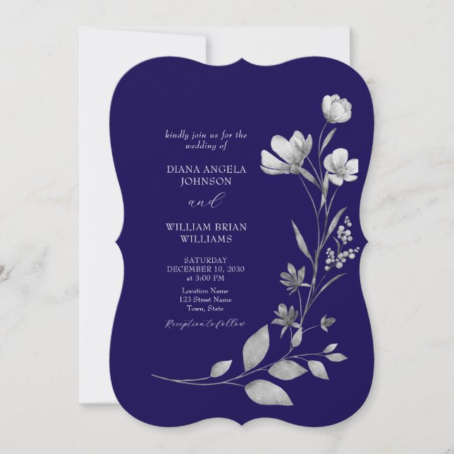 Convite de Casamento Floral Azul Real (Frente)