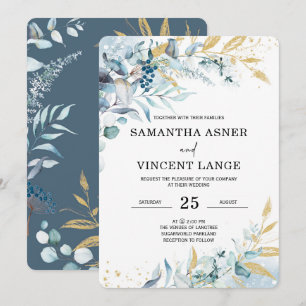 Convite de Casamento Floral Azul Real Branco Prata