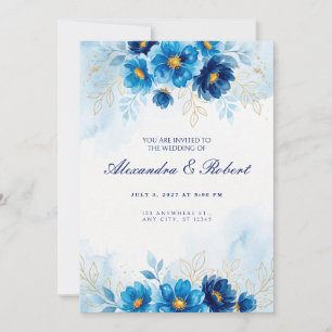 Convite de Casamento Floral Azul Real com Folha Do