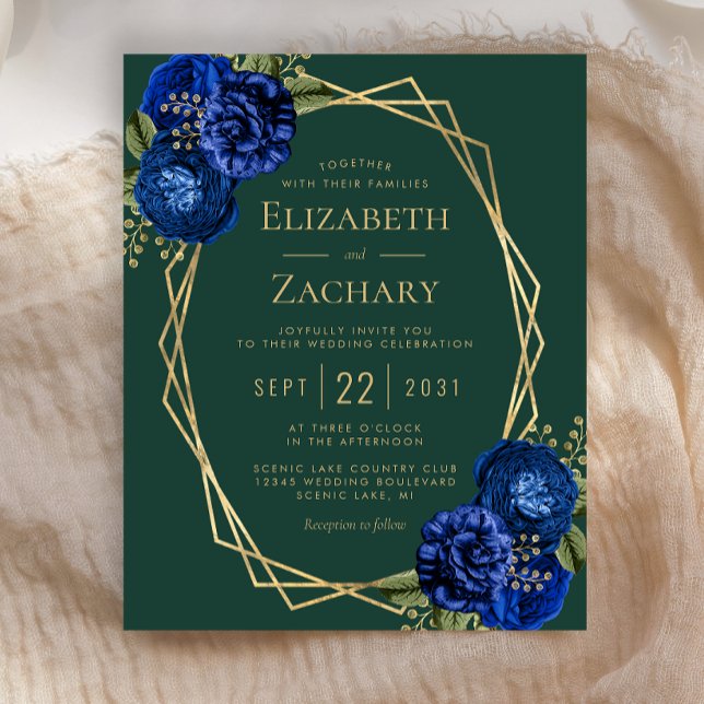 Convite de Casamento Floral Azul Real Esmeralda Ve (Criador carregado)