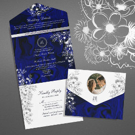 Convite de Casamento Floral Azul Real Romântico