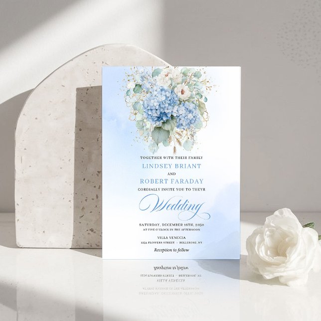 Convite de Casamento Floral Azul Refined Hydrangea (Refined Blue Hydrangea Floral Gold Wedding Invite)