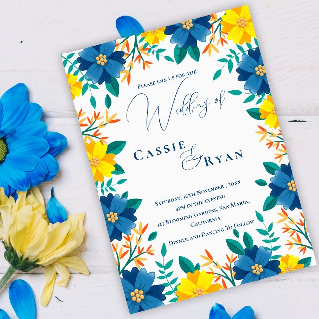 Convite de Casamento Floral Azul Romântico Amarelo (Romantic Blue Yellow Floral Wedding Invitation)