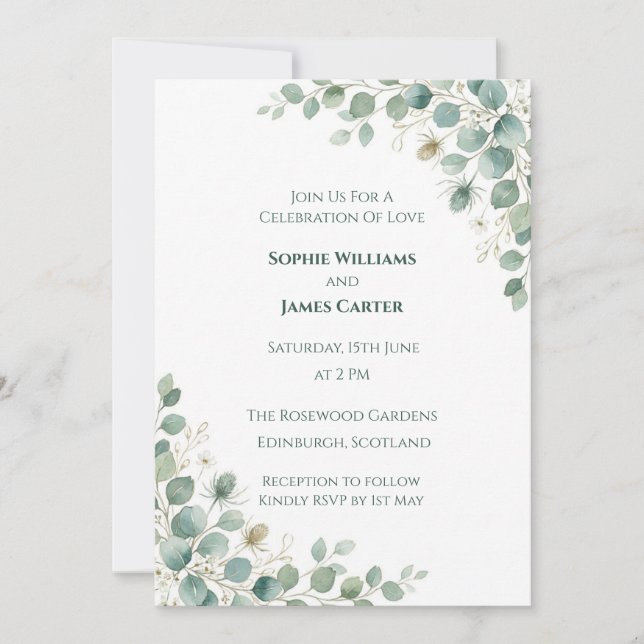 Convite de Casamento Floral Azul Rosado (Frente)