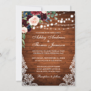 Convite de casamento Floral Azul Rústico Madeira B