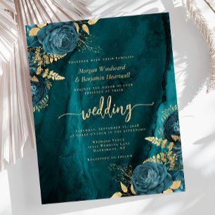 Convite de Casamento Floral Azul Teal Dourado Orça