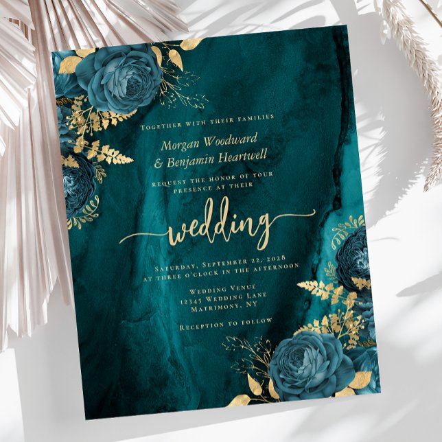 Convite de Casamento Floral Azul Teal Dourado Orça (Criador carregado)
