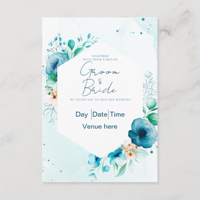 Convite de Casamento Floral Azul Turquesa & Azul E (Frente)
