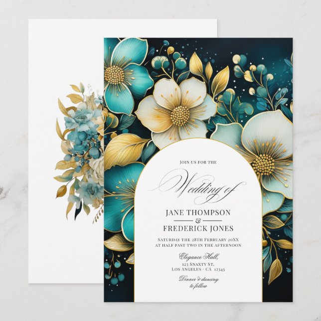 Convite de Casamento Floral Azul Turquesa e Dourad (Frente/Verso)
