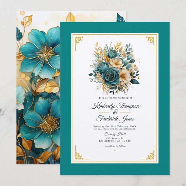 Convite de Casamento Floral Azul Turquesa e Dourad (Frente/Verso)