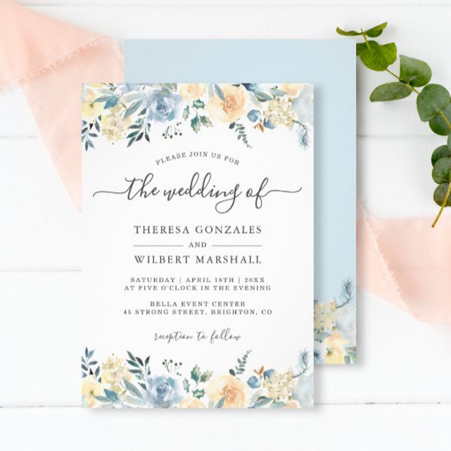 Convite de Casamento Floral Azul Vanilla Boêmio (Criador carregado)