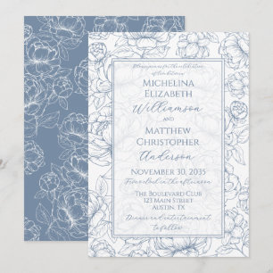 Convite de Casamento Floral Azul Vinca Desenhado à