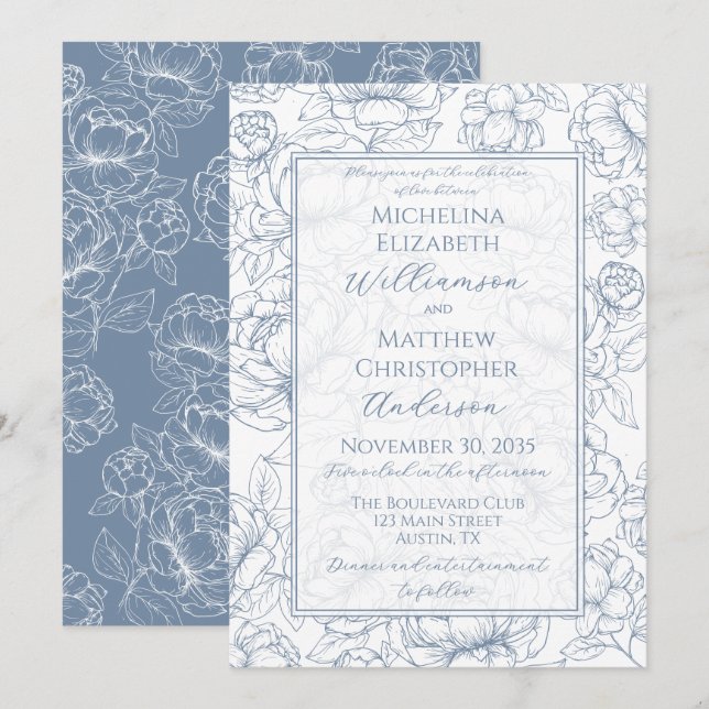 Convite de Casamento Floral Azul Vinca Desenhado à (Frente/Verso)