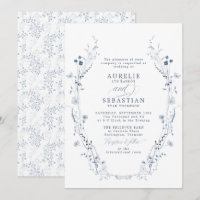 Convite De Casamento Floral Azul-Vintage Francês