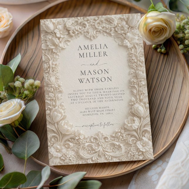 Convite de Casamento Floral Barroco Creme Ornate (Cream Baroque Floral Ornate Wedding Invitation)