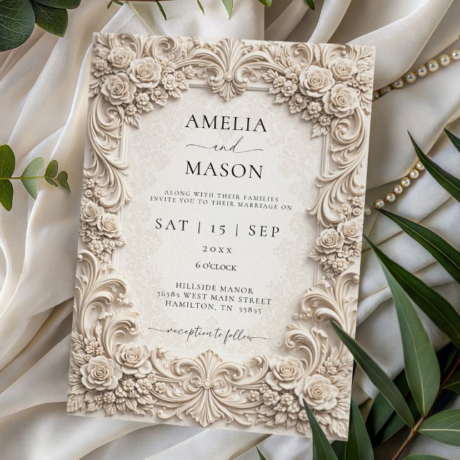 Convite de Casamento Floral Barroco Marfim Ornamen (Ornate Ivory Baroque Floral Wedding Invitation)