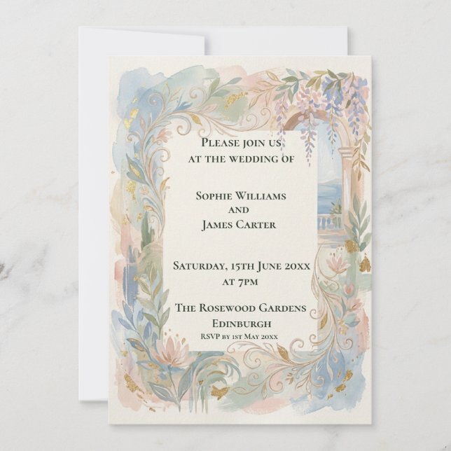 Convite de Casamento Floral Barroco Pastel (Frente)