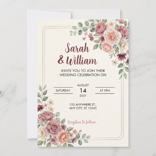 Convite de Casamento Floral Bege (Frente)
