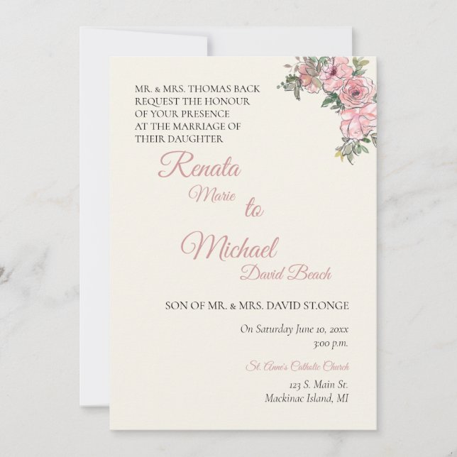 Convite de Casamento Floral Bege (Frente)