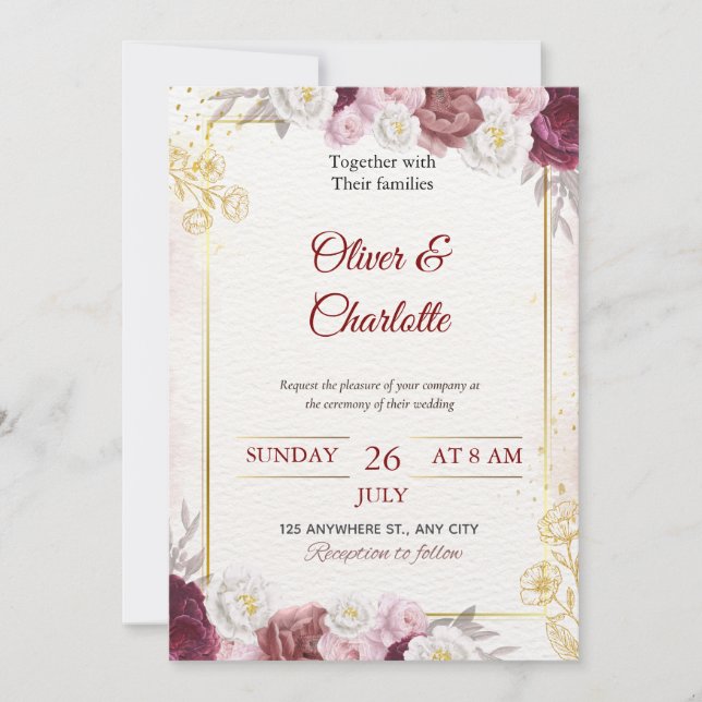 Convite de Casamento Floral Bege Borgonha (Frente)