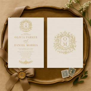 Convite de Casamento Floral Bege Dourado Francês V