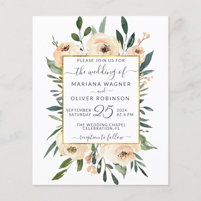 Convite de casamento floral bege dourado preto orç (Frente)
