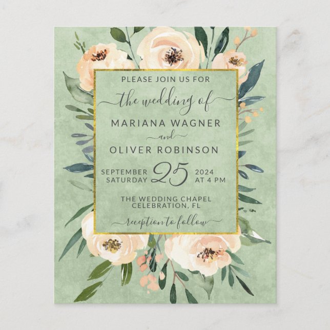 Convite de Casamento Floral Bege Dourado Verde Eco (Frente)