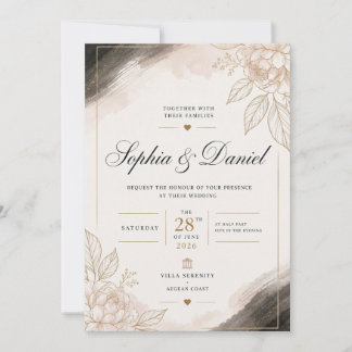 Convite de Casamento Floral Bege e Dourado Elegant