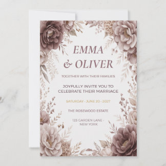 Convite de Casamento Floral Bege e Rosa Empoeirado