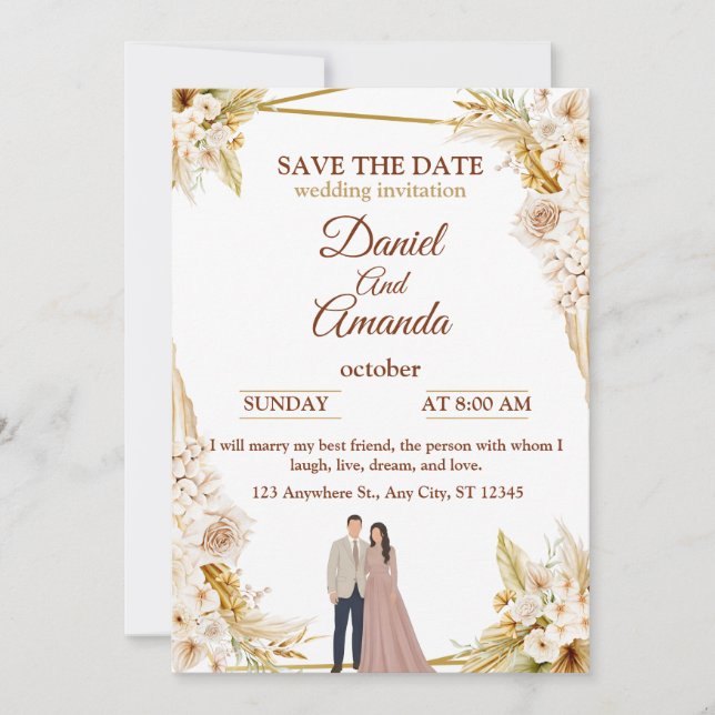Convite de Casamento Floral Bege Elegante (Frente)
