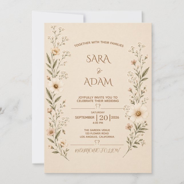 Convite de Casamento Floral Bege Elegante (Frente)