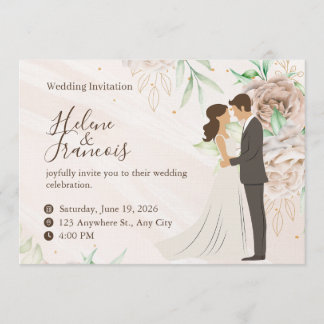 Convite de Casamento Floral Bege Elegante Aquarela