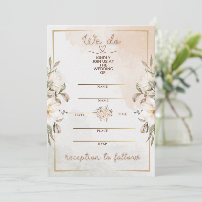 Convite de Casamento Floral Bege Elegante com Mold (Em pé/Frente)