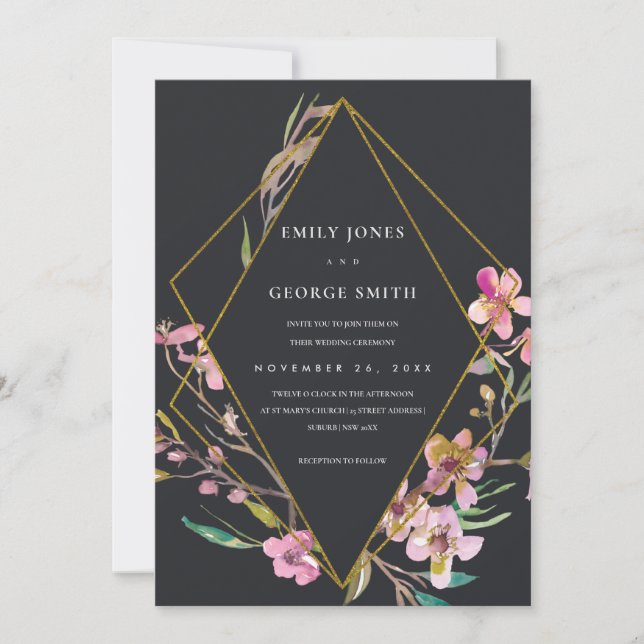 CONVITE DE CASAMENTO FLORAL BLOSSOM DE CHERRY PRET (Frente)