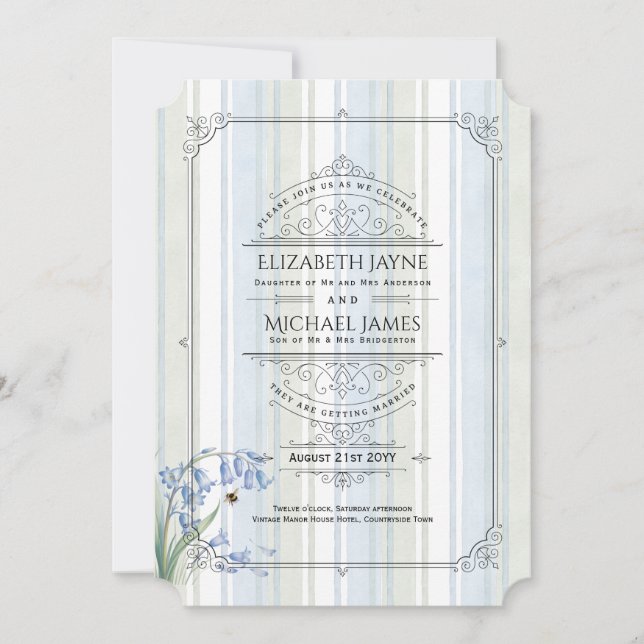 Convite de Casamento Floral Bluebells Bees Blue Sa (Frente)