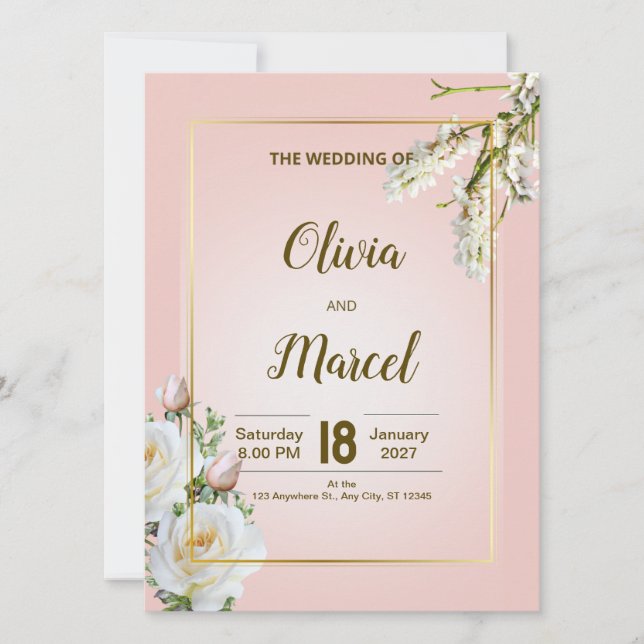 Convite de Casamento Floral Blush com Moldura Dour (Frente)