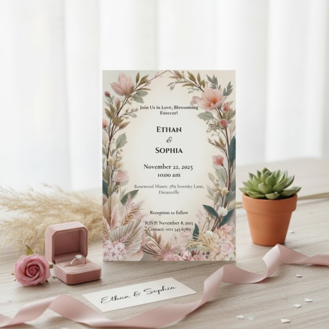 Convite de casamento Floral Blush Pink Boho (Criador carregado)