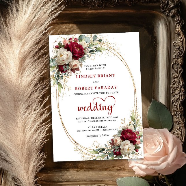 Convite de Casamento Floral Boêmio Borgonha Luxuos (Luxury Burgundy Bohemian Floral Wedding Invitation)