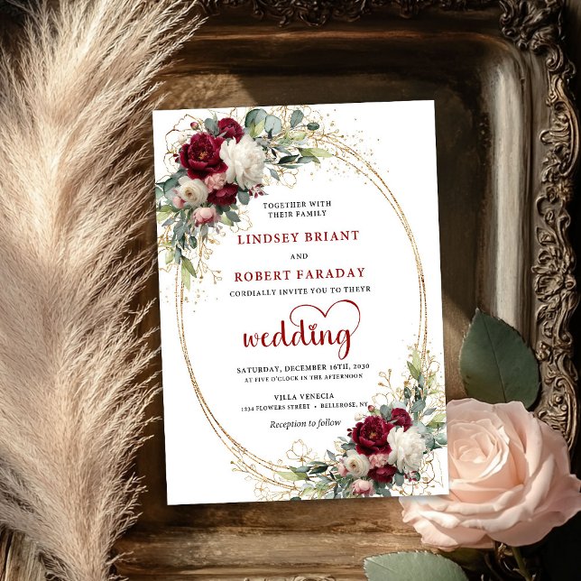 Convite de Casamento Floral Boêmio Burgundy Românt (Romantic Burgundy Bohemian Floral Wedding Invite)