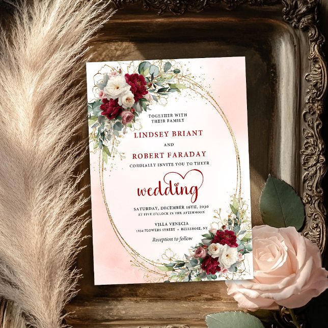 Convite de Casamento Floral Boêmio Chic Borgonha (Burgundy Chic Bohemian Floral Wedding Invitation)