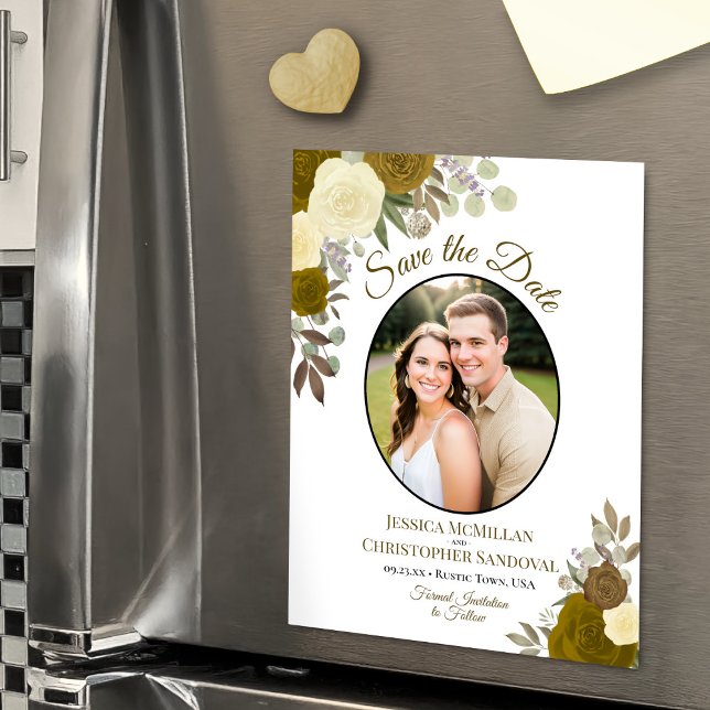 Convite de casamento floral boêmio em ouro e foto  (Magnetic Card for Easy Display)
