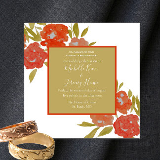 Convite de Casamento Floral Boêmio Vermelho Laranj